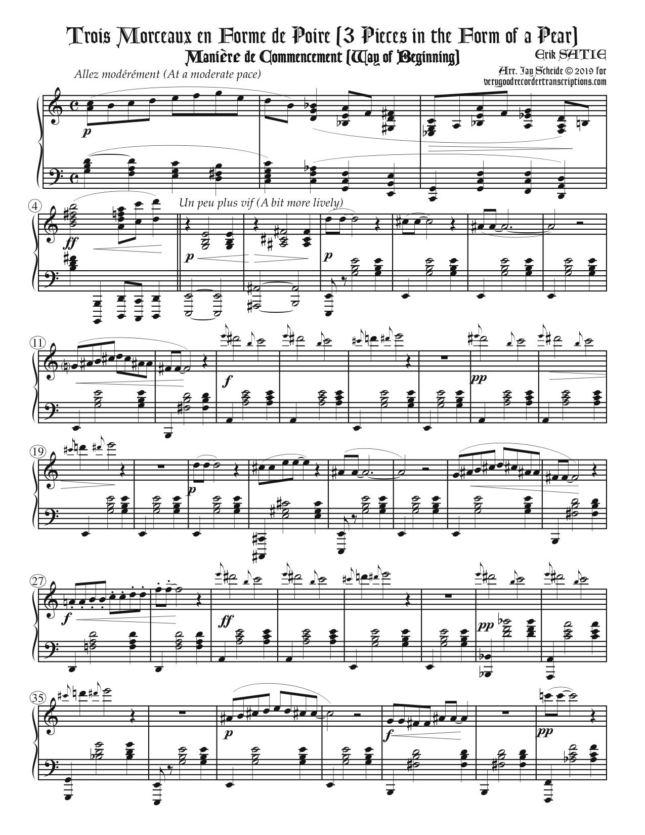 “Gnossienne No. 7”, the opening of *Trois morceaux en forme de poire*, arr. for piano two-hands