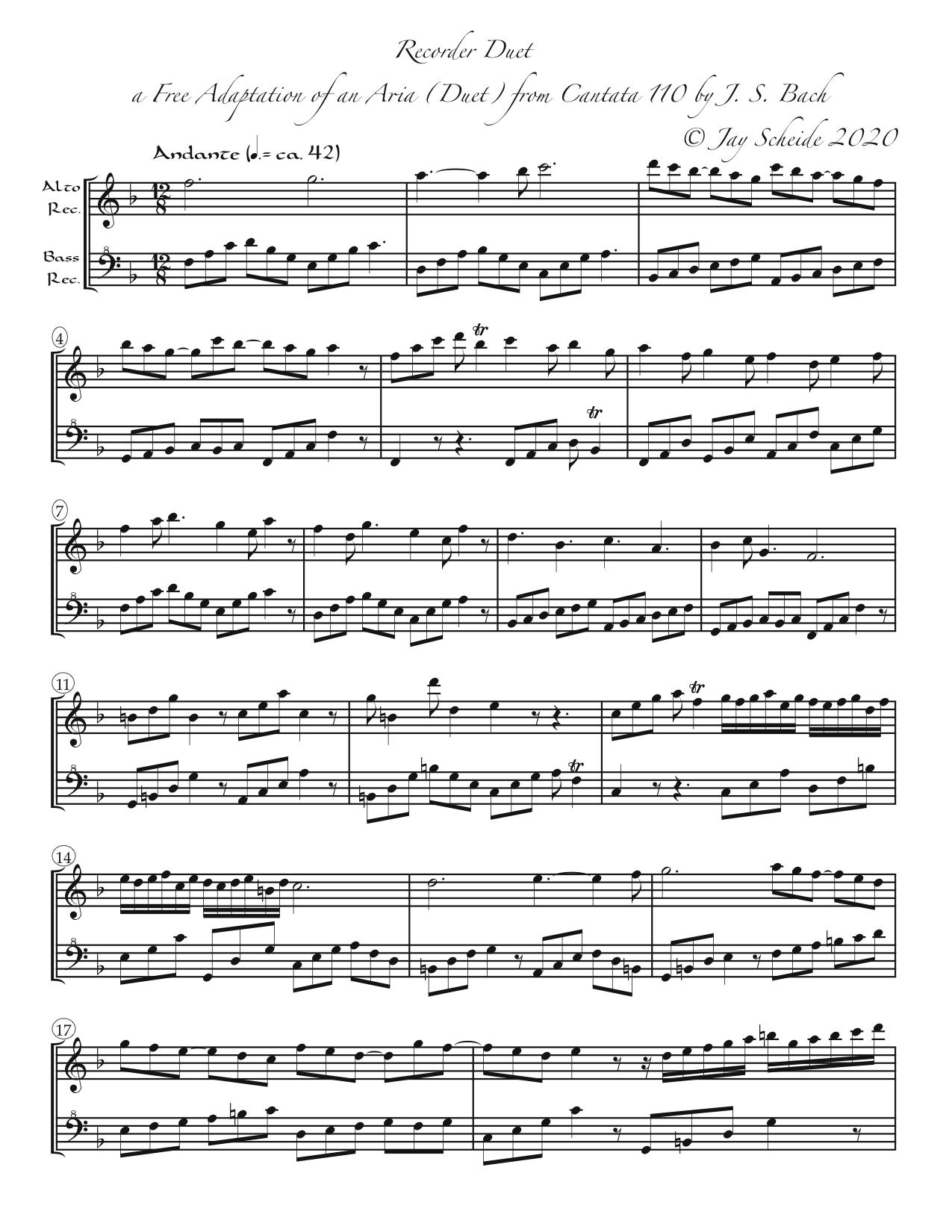 Duet based on an aria (vocal duet) from Bach\'s Cantata 110, for alto & bass recorders